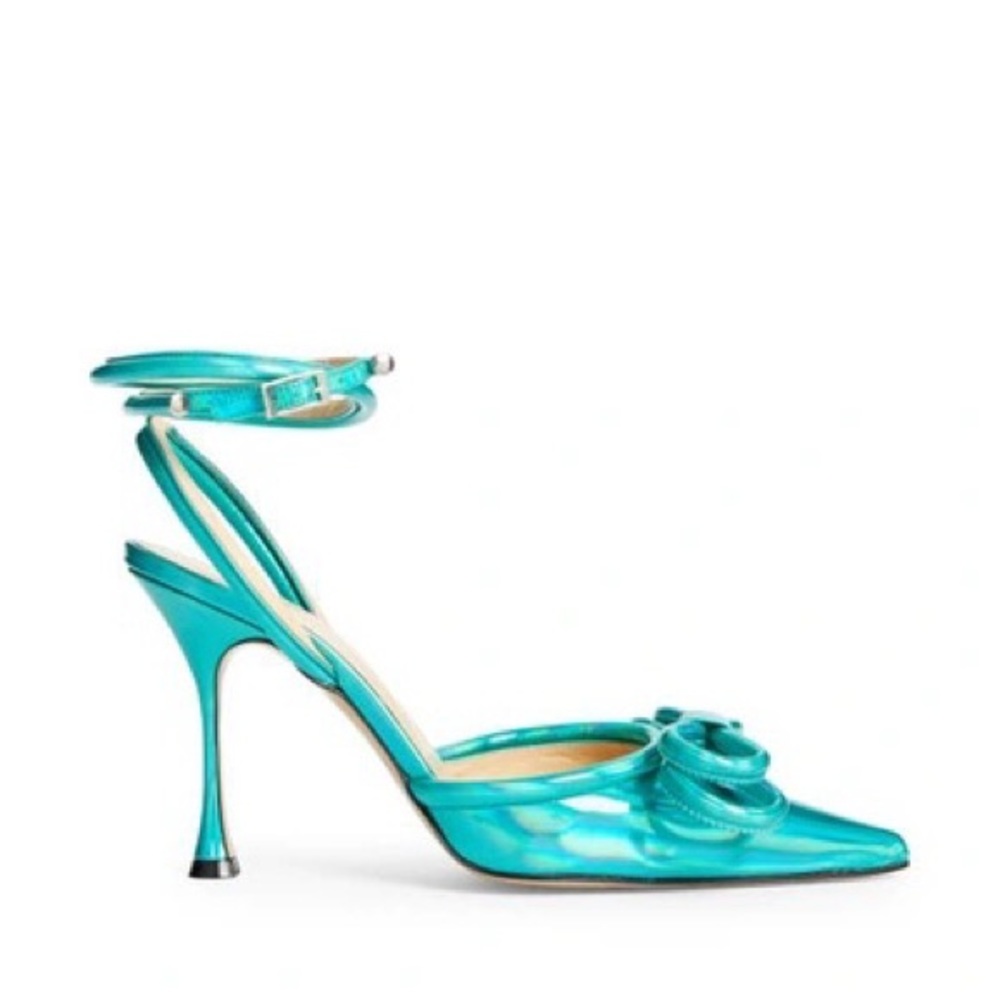 MACH & MACH Double Bow Ankle Strap shimmering iridescent turquoise heels